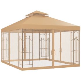 10x12 Patio Gazebo Brown with Corner Frame Shelves Double Roof Outdoor Shelter