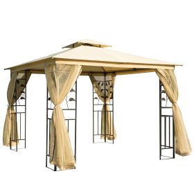10 x 10 Gazebo with 2-Tier Roof, Mesh Sidewalls, Steel Frame for Garden in Beige
