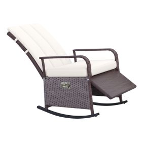 Rattan Wicker Rocking Chair Outdoor Patio Recliner Cream Soft Cushion Adjustable Footrest