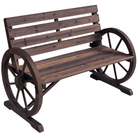Wagon Wheel Bench Rustic 2-Person Outdoor Patio Carbonized Finish with Backrest