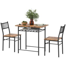 3-Piece Small Dining Table Set for 2, Kitchen Table and Chairs with Storage Rack and Steel Frame, Brown