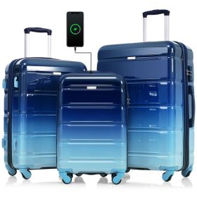 Luggage Set of 3, 20-inch with USB Port, Airline Certified Carry-on Luggage , ABS+PC Hard Shell Luggage with Spinner Wheels, Gradient Blue
