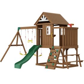 VEVOR Wooden Swing Set, 9 IN 1 Outdoor Playground Sets for Backyards, 2 Swings, Trapeze Bar, 6 FT Slide, Large Upper Fort with Kitchen Toys