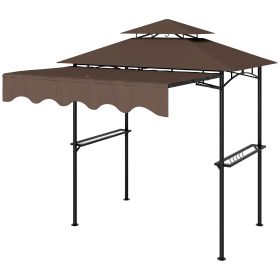 8' x 5' Outdoor Grill Gazebo, Barbecue Gazebo Shelter with Side Awning, 2 Side Shelves and 6 Hooks, Brown