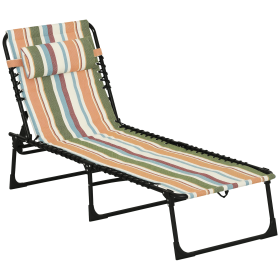 Folding Chaise Lounge Pool Chair with 4-Position Reclining Back, Pillow, Breathable Mesh & Bungee Seat, Rainbow Striped