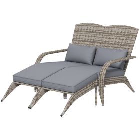 Wicker Adirondack Chair for 2 with Cushions & Footrests, PE Rattan Double Chaise Lounge Chair, Fire Pit Chair for Porch with High-back, Wide Armr (Color: Gray)